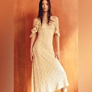 Zara Studded Yellow Lace Dress Off the Shoulder Ruffles Spaghetti Strap NWT M